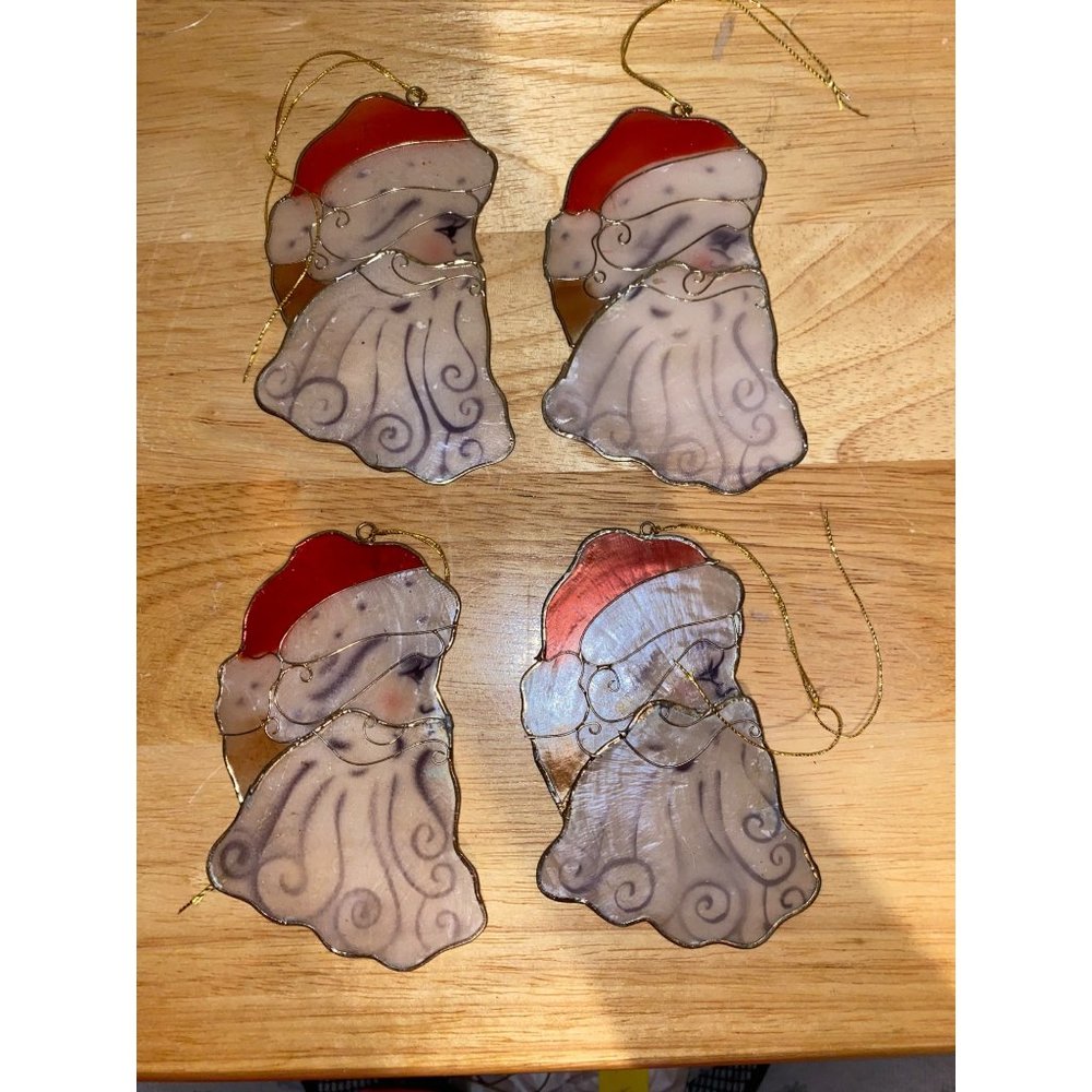 Set of 4 Vintage Capiz Shell Santa Claus Head Christmas Tree Ornaments Gold Wire